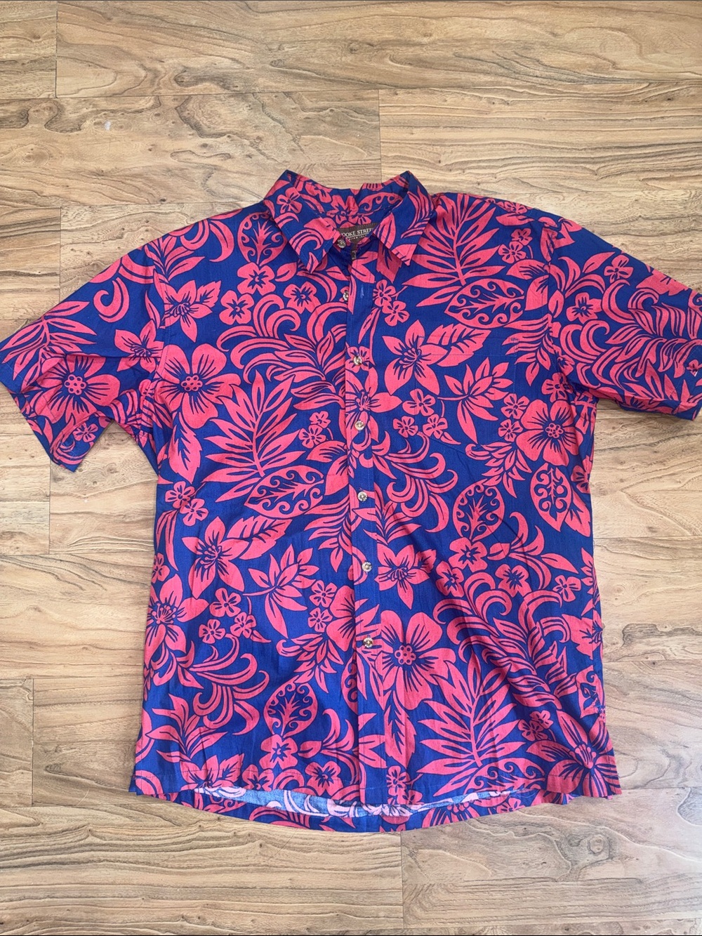 Men's Casual Blue Button-Down Shirt with Red Floral Print